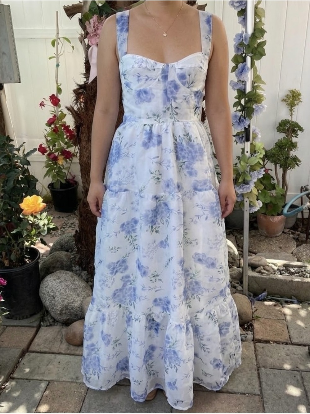 Handmade Blue Floral Sweetheart Tiered Maxi Dress